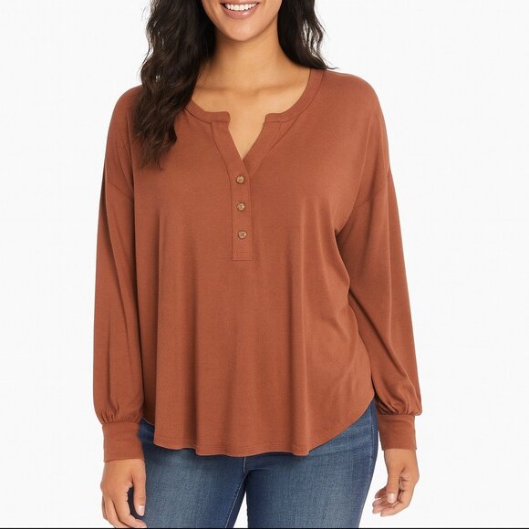 Blu Pepper Women's Brown  Oversized Long Sleeve half button pullover  Top Size S - Picture 1 of 4